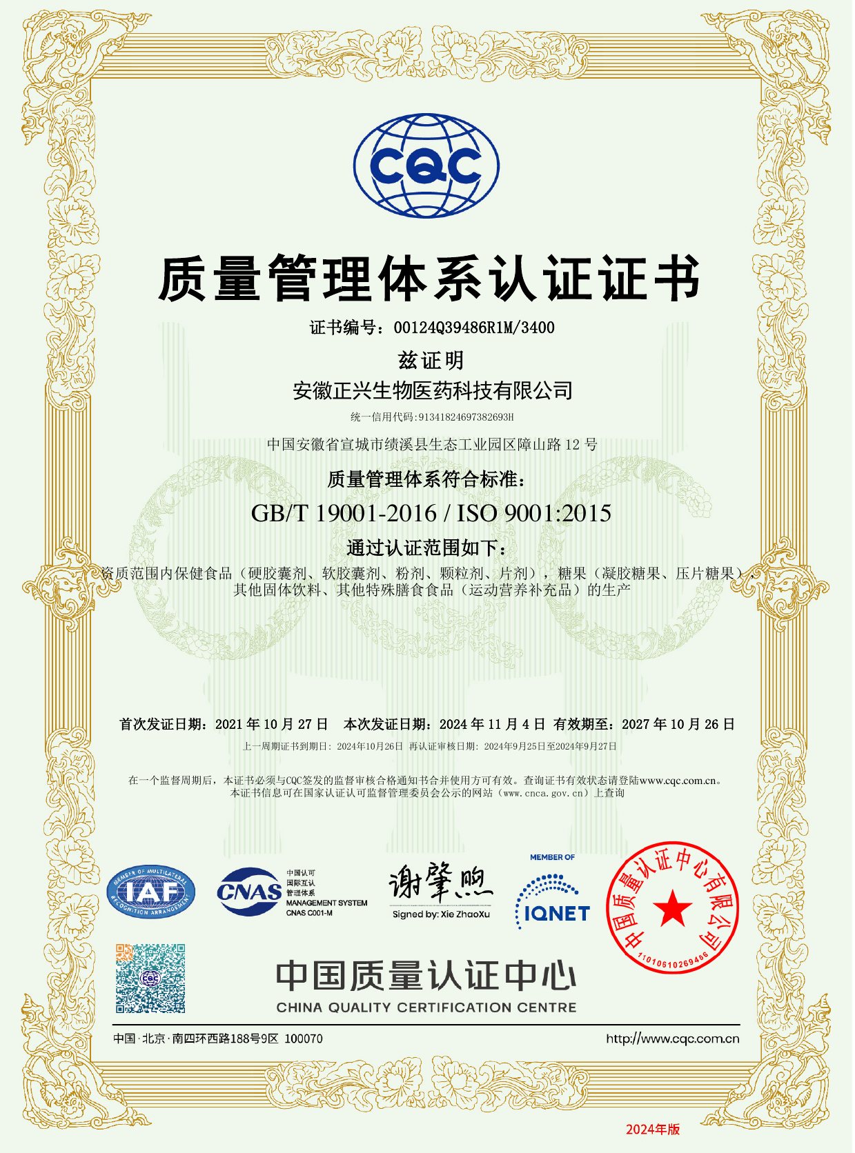中文 ISO9001 质量管理体系认证证书